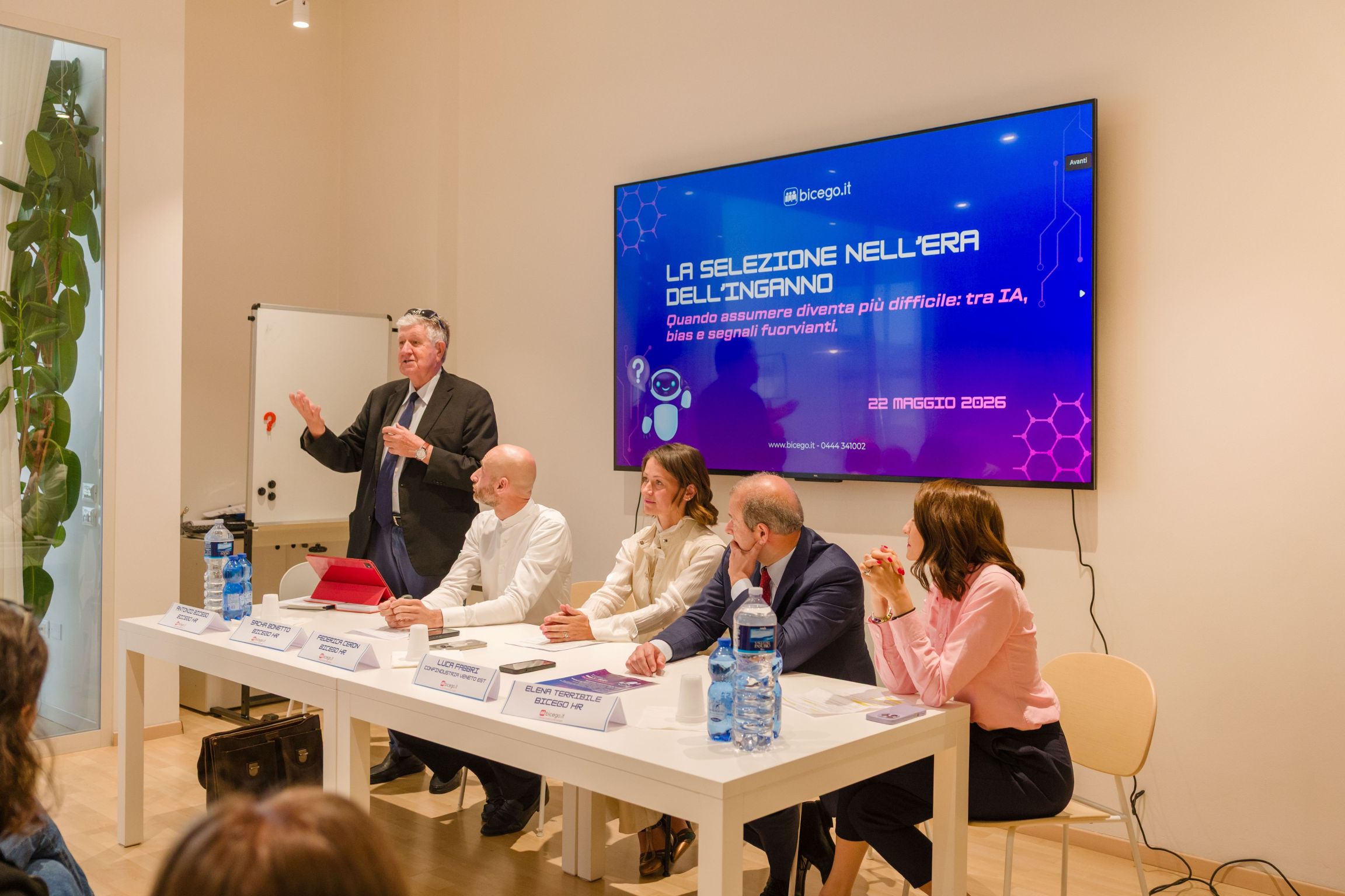 Evento Bicego HR presso LabCoach dedicato alla selezione del personale nell'era dell'Intelligenza Artificiale, con interventi di esperti HR su AI, bias e recruiting.